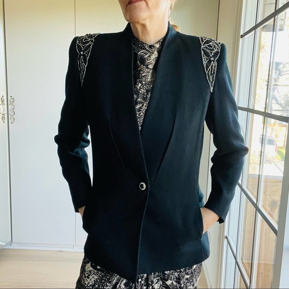 Vintage 80s Nolan Miller Designer Wool Jacket, Long Blazer, Beaded Shoulder, - Picture 7 of 8